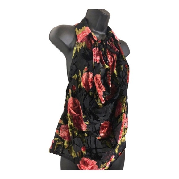Free People Tops - Free People black sheer velvet dark floral cowlneck tie‎ neck blouse size medium